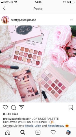 An Instagram post of huda nude palette as a giveaway