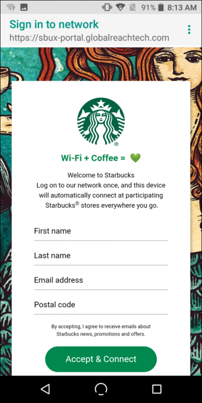 Signing in to a wifi network in Starbucks using a mobile phone